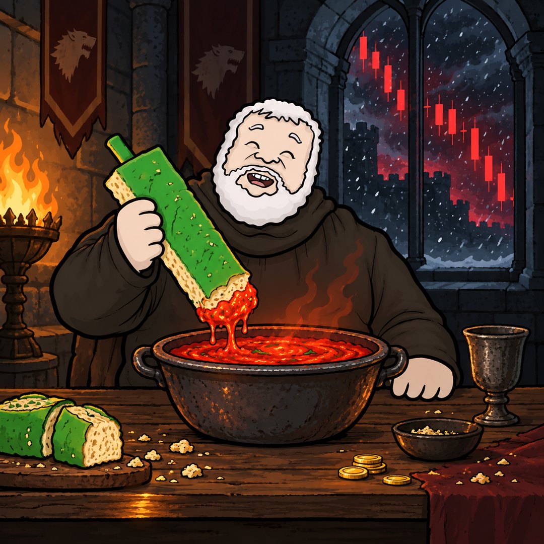 HODOR dipping a green candle into a bowl of red dip